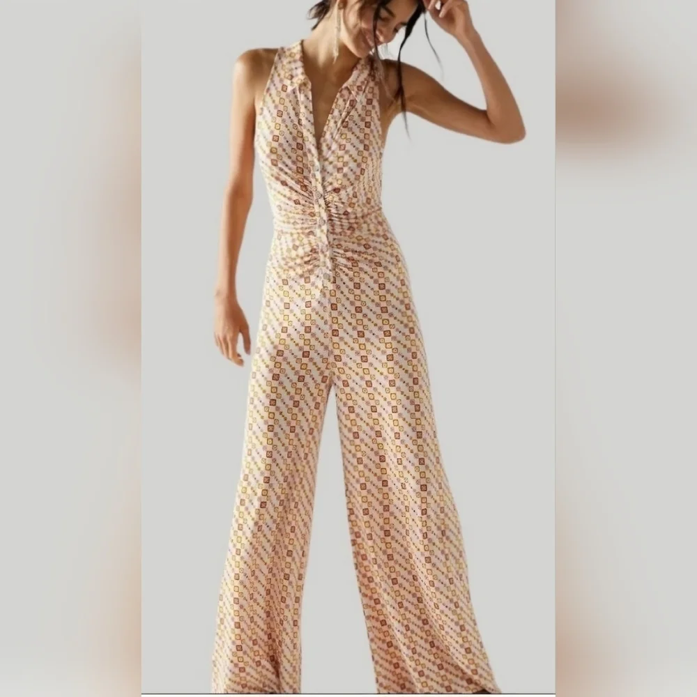 Free People Shayla Halter Jumpsuit Ivory Combo - Picture 2 of 3